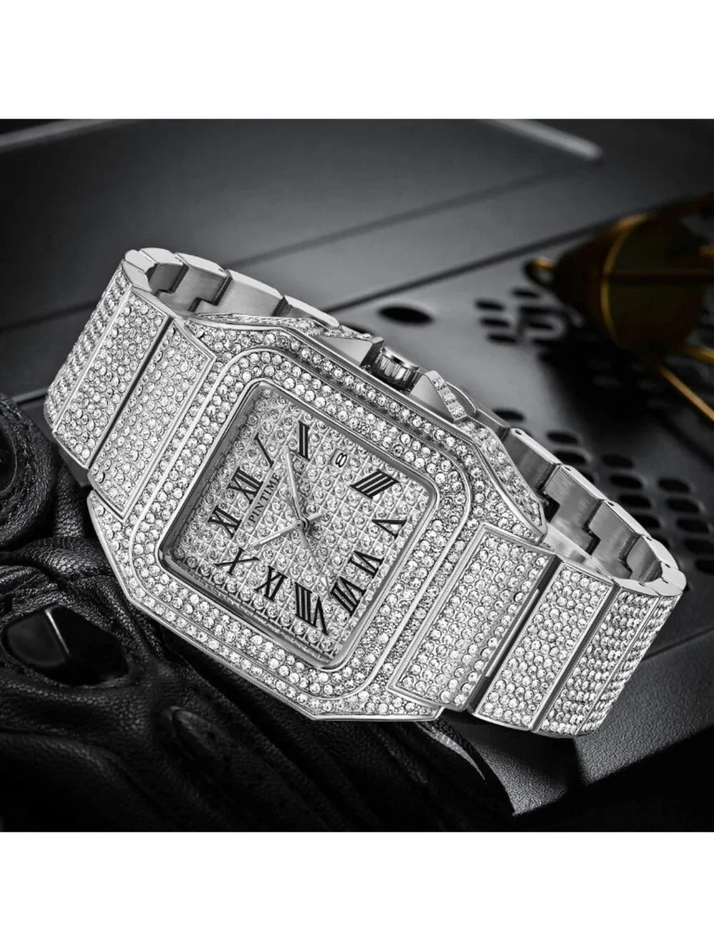 Stylish Hip Hop Men's Bling Crystal Watch | Rectangle Case, Stainless Steel